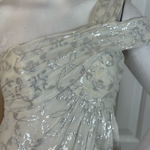 Nicole Miller Silk One Shoulder Dress Maxi 10 Long Foil Silver White Gown Size 2 - Picture 5 of 16